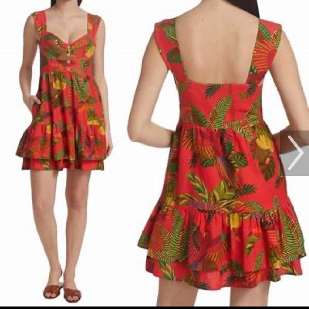 Farm Rio Red forest birds mini dress